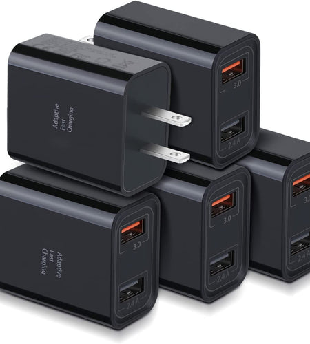 Quick Fast Charge 3.0 USB Wall Charger,  5 Pack 30W Dual USB Power Adapter (Fast Charge 3.0&5V 2.4A) Adaptive Fast Charging Block Compatible Iphone 11 XS XR, Galaxy S10 S9,Note 10-Black