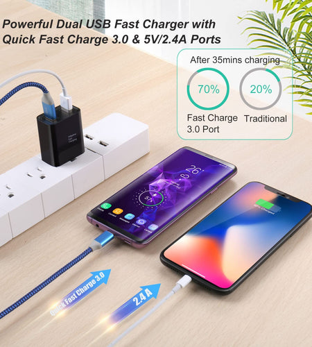 Quick Fast Charge 3.0 USB Wall Charger,  5 Pack 30W Dual USB Power Adapter (Fast Charge 3.0&5V 2.4A) Adaptive Fast Charging Block Compatible Iphone 11 XS XR, Galaxy S10 S9,Note 10-Black