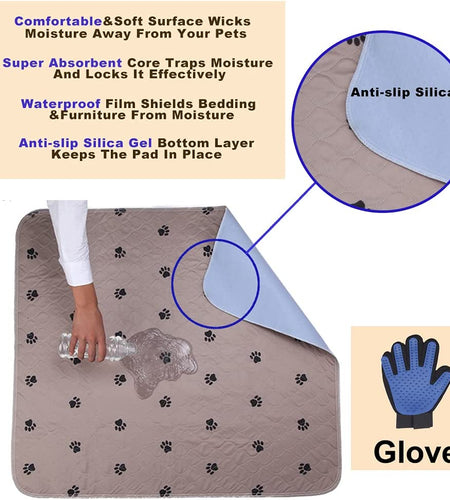 Reusable Pee Pad + Free Puppy Grooming Gloves/Quilted, Fast Absorbing Machine Washable Dog Whelping Pad/Waterproof Puppy Training Pad/Housebreaking Absorption Pads